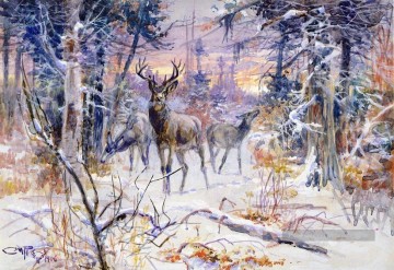 1906 Art - de cerf dans une forêt enneigée 1906 Charles Marion Russell